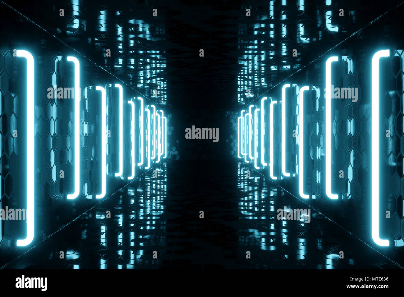3D rendering blue-tint Illuminated corridor with blue neon light ...