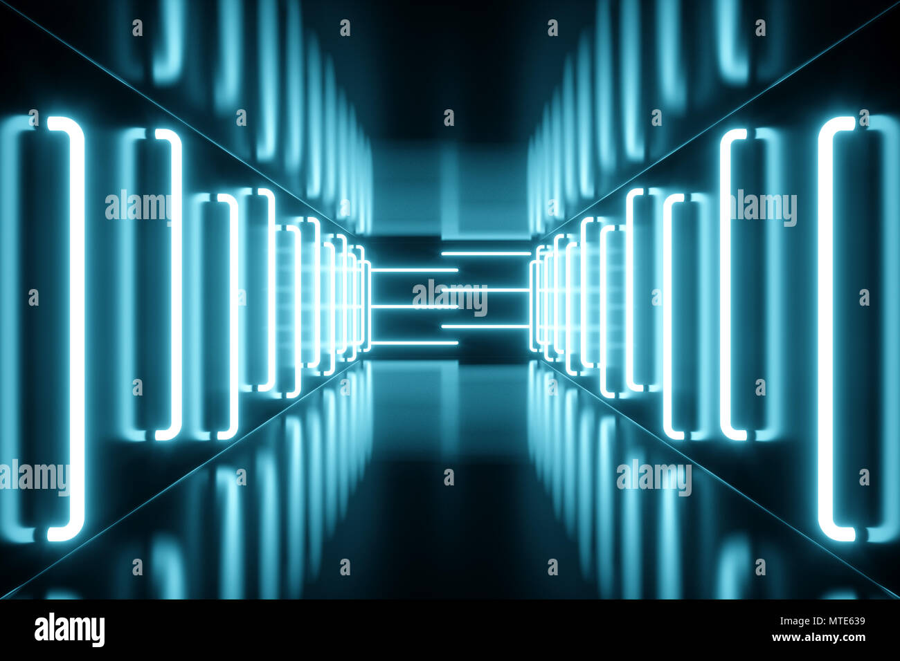 3D rendering blue-tint Illuminated corridor with blue neon light ...