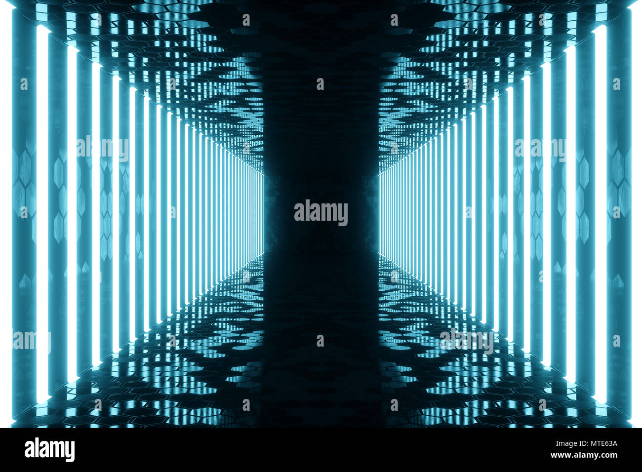 3D rendering blue-tint Illuminated corridor with blue neon light ...