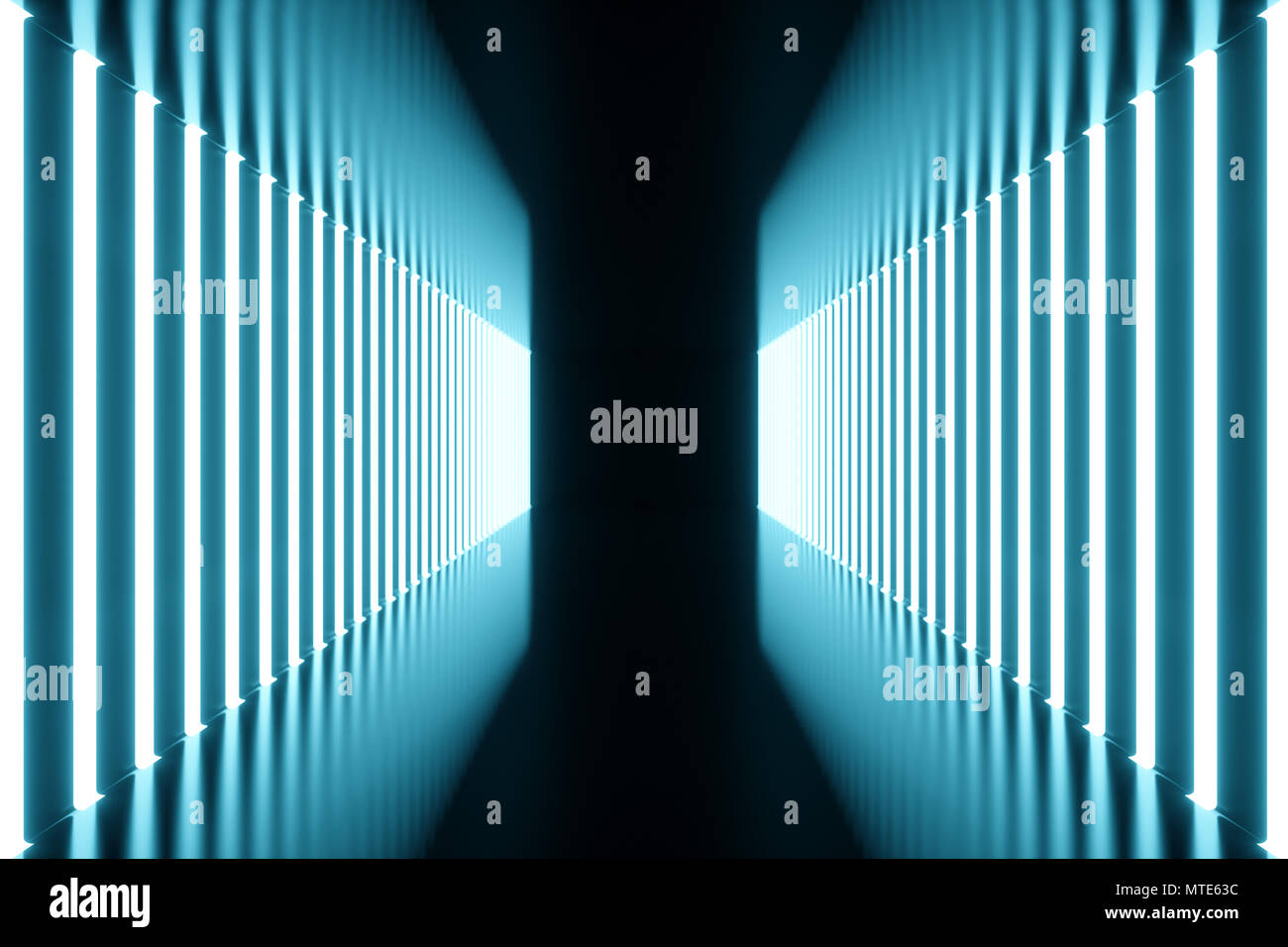 3D rendering blue-tint Illuminated corridor with blue neon light ...