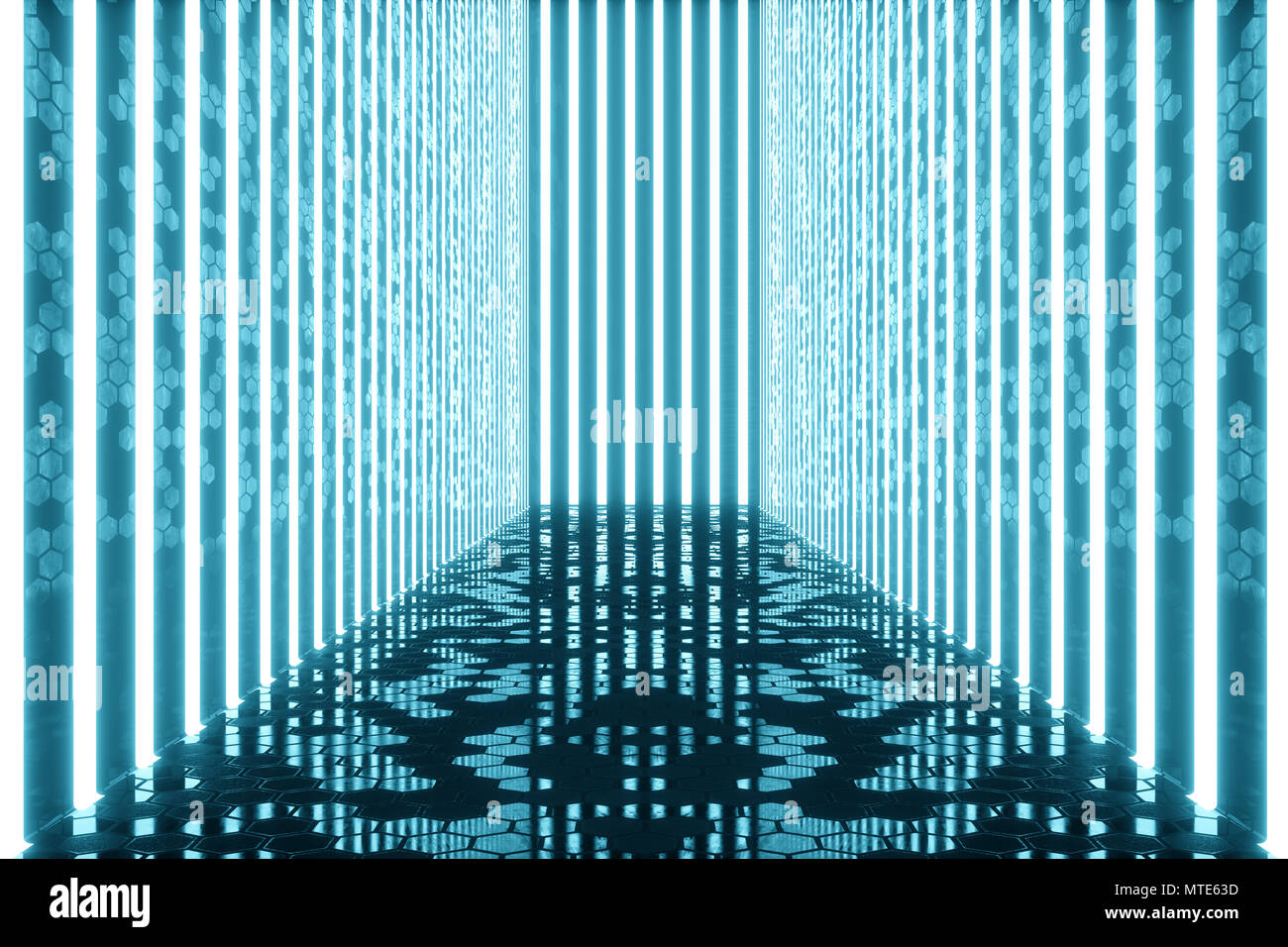 3D rendering blue-tint Illuminated corridor with blue neon light ...