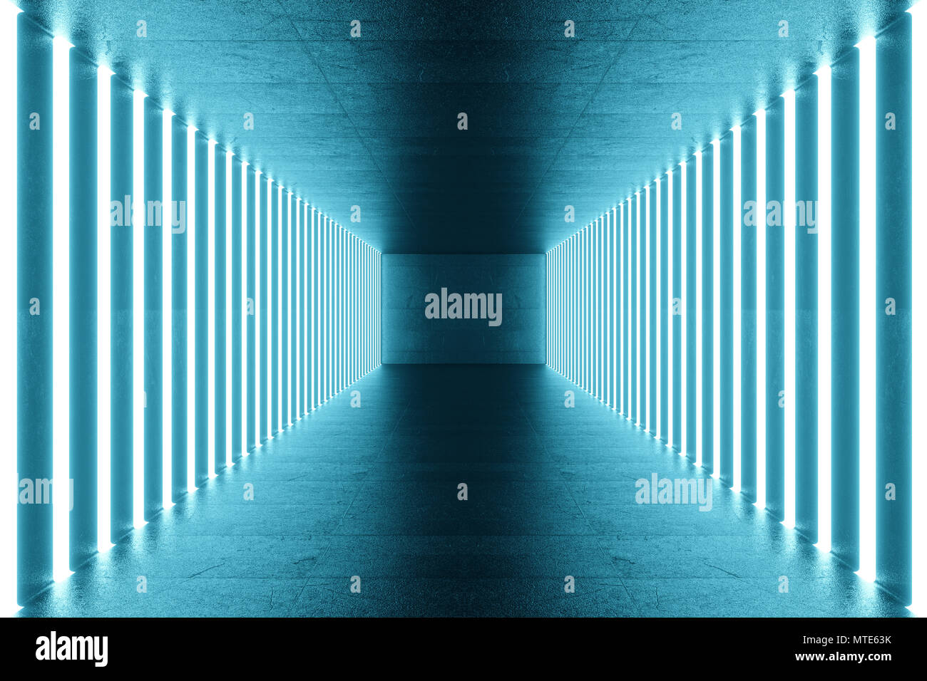 3D rendering blue-tint Illuminated corridor with blue neon light ...