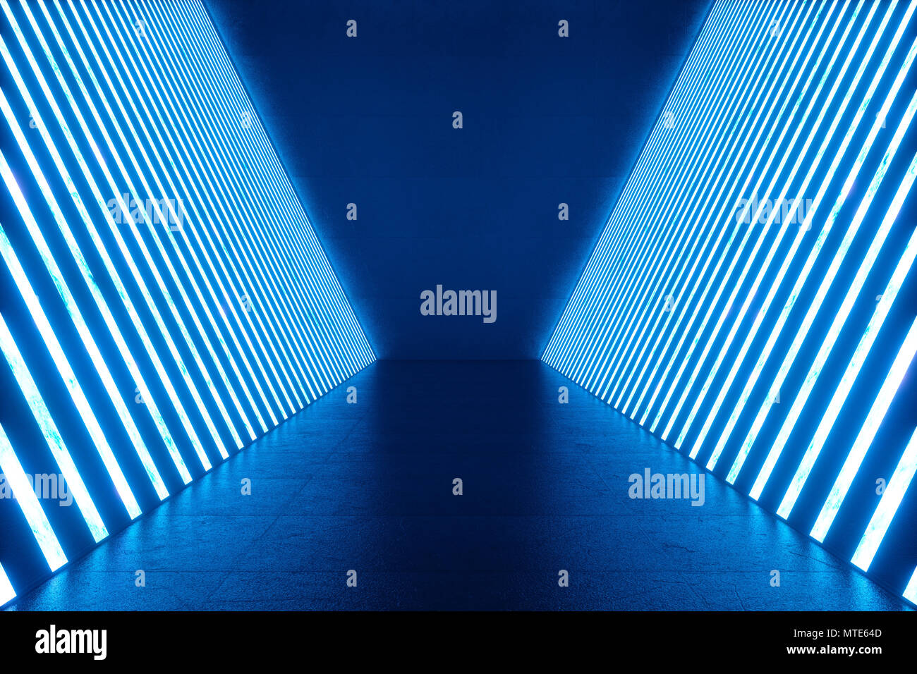 3D rendering Abstract blue room interior with blue neon lamps ...