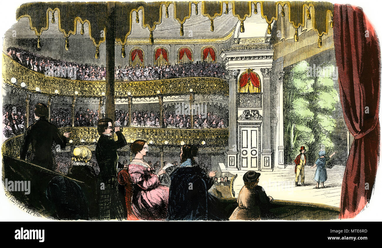 Performance in the Lecture Room, Barnum's American Museum, New York City, 1850s. Hand-colored woodcut Stock Photo