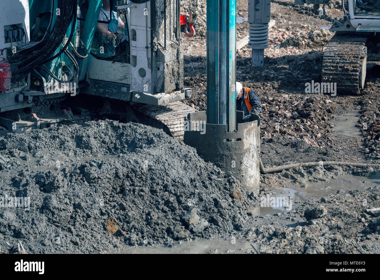 Drilling rig making deep foundation at construction site, rotary