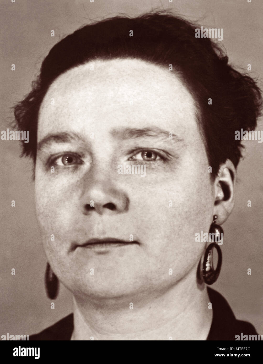 Dorothy Sayers (1893-1957), renowned English writer often considered one of the British authors informally known as 'The Inklings' (due to her friendship with C.S. Lewis and Charles Williams) in a portrait from 1928. Stock Photo