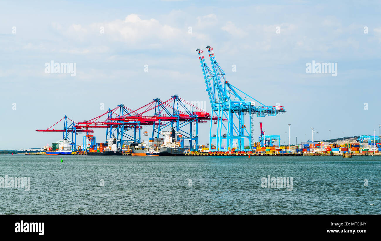 Gothenburg, Sweden - May 17, 2018: Travel documentary of everyday life and place. Some of the colorful cranes loading and unloading ships in the Skand Stock Photo