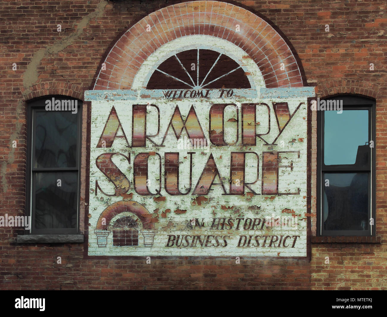Syracuse, New York, USA. May 28, 2018. Old sign advertising the Armory