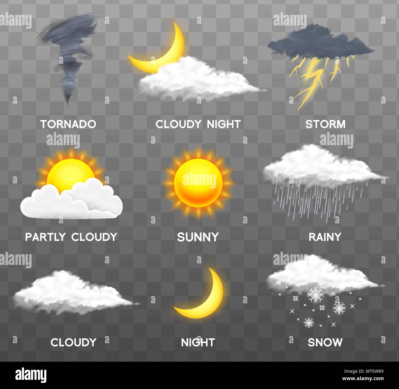 Modern Realistic weather icons set. Meteorology symbols on transparent  background. Color Vector illustration for mobile app, print or web.  Thunderstorm and rain, clear and cloudy, storm and snow Stock Vector Image &
