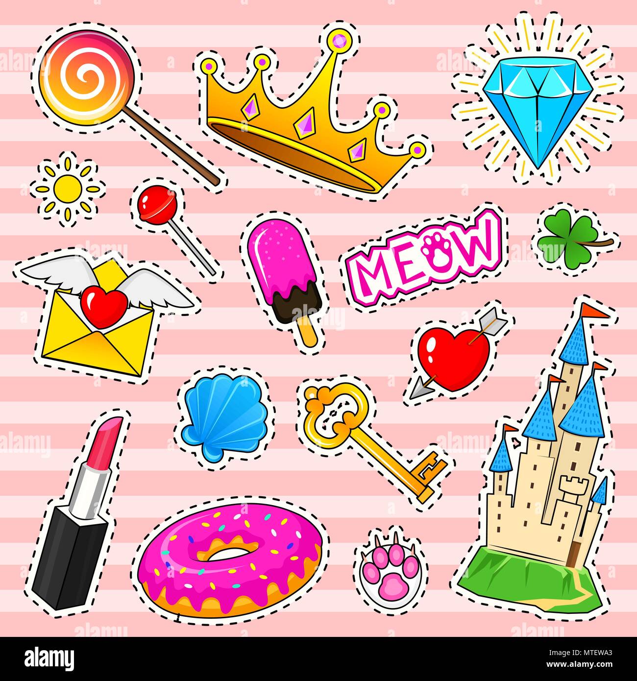 Vector Set Of Cute Funny Patches And Stickers In 90s Style.Modern