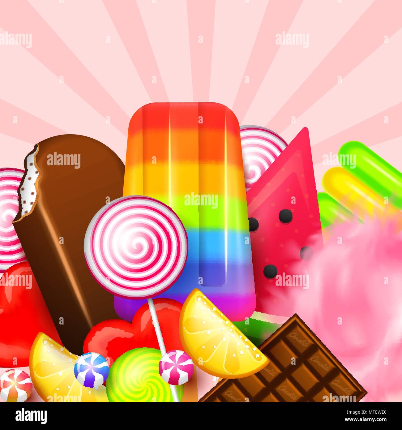 Realistic Sweet candies. Swirl caramel, assorted circle lollipops