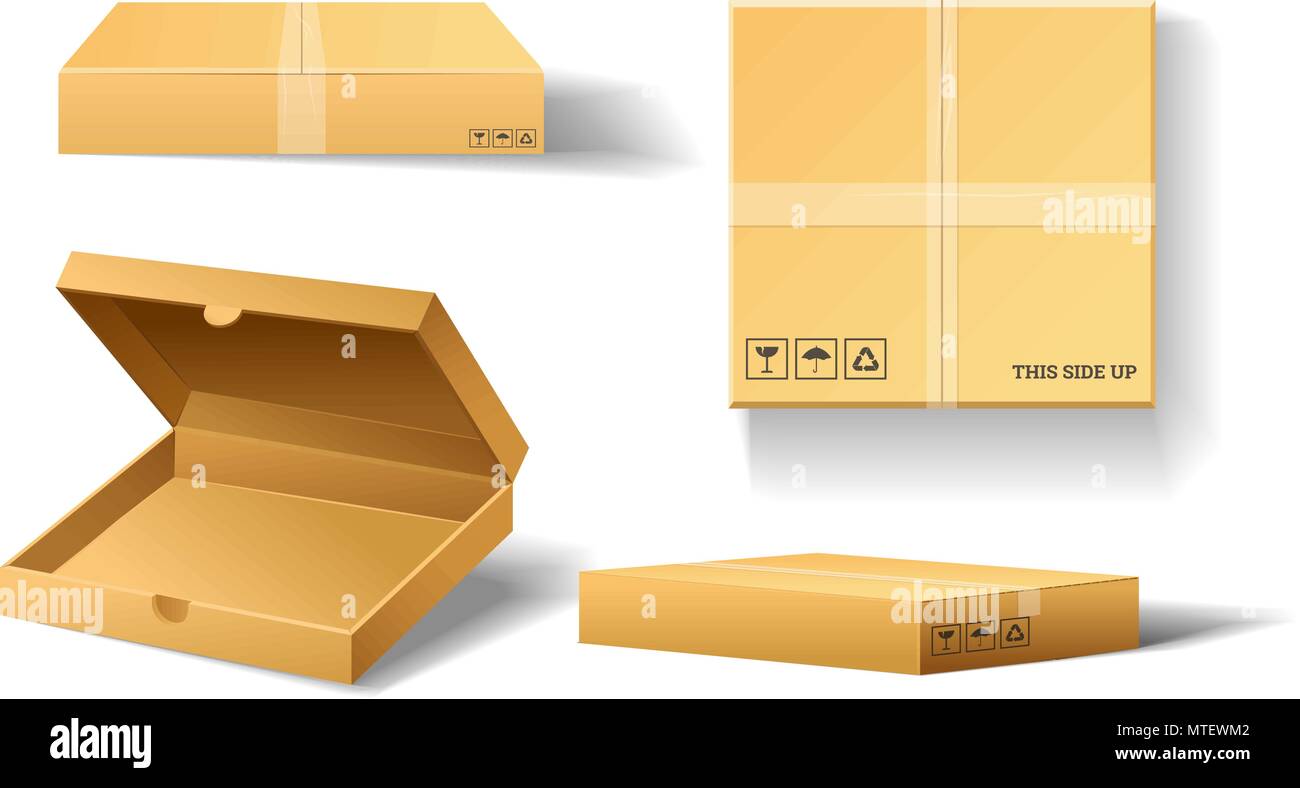 Open cardboard box. Parcel mockup. White blank template