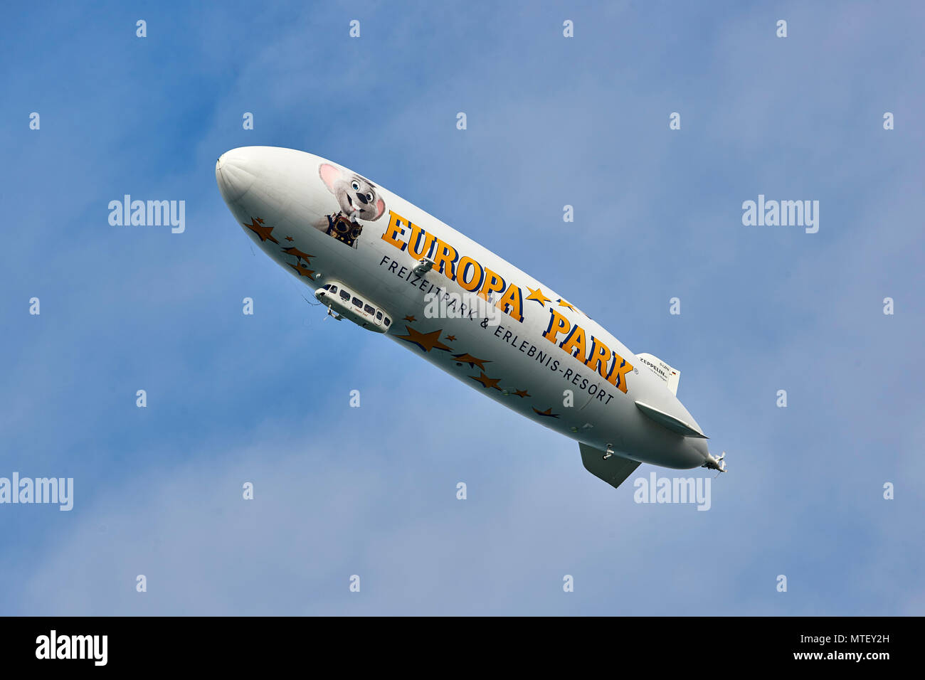 Zeppelin (dirigible) advertising Europa Park, largest theme park in Germany Stock Photo