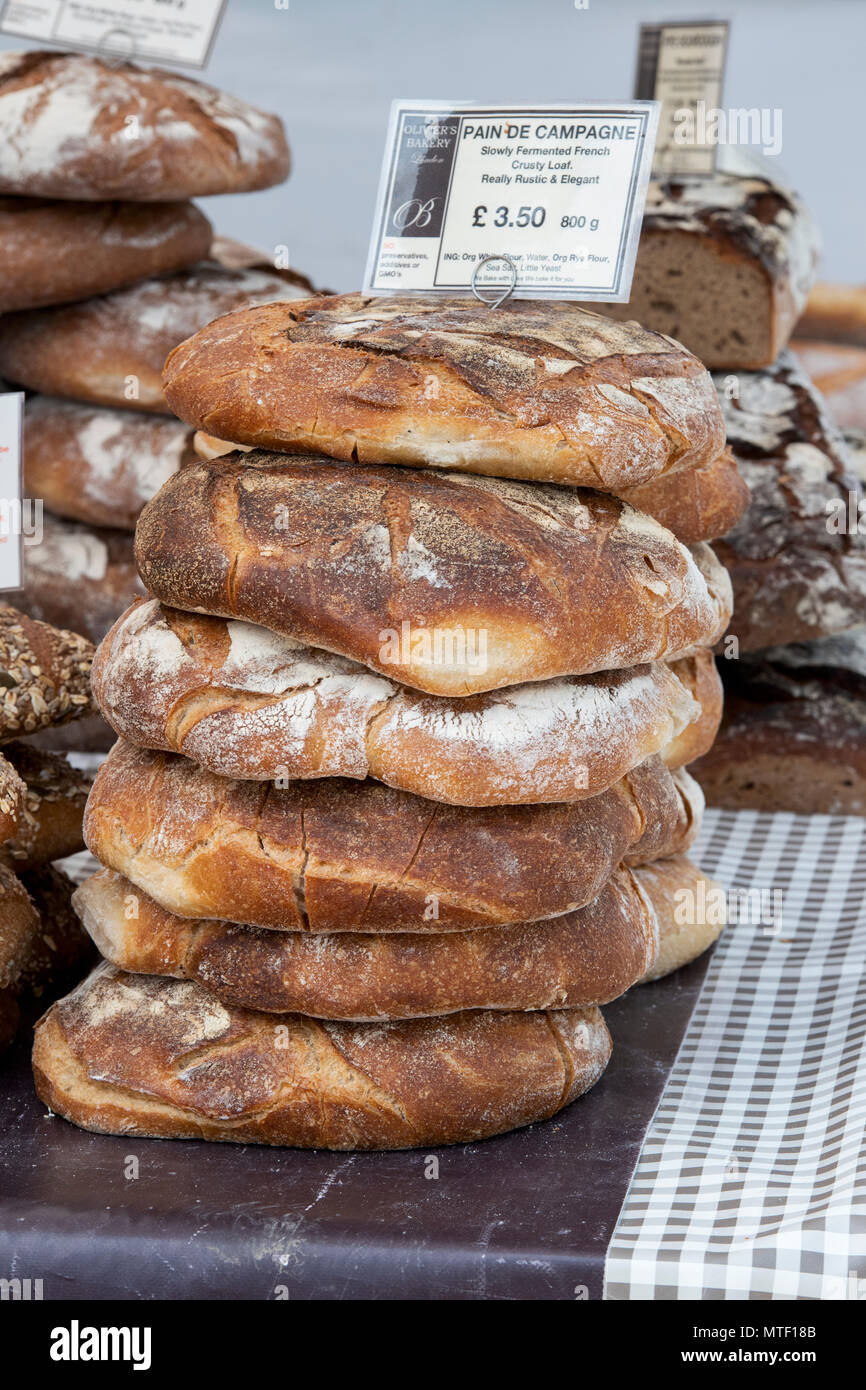 Pain de campagne / French sourdough bread on a stall at a food festival