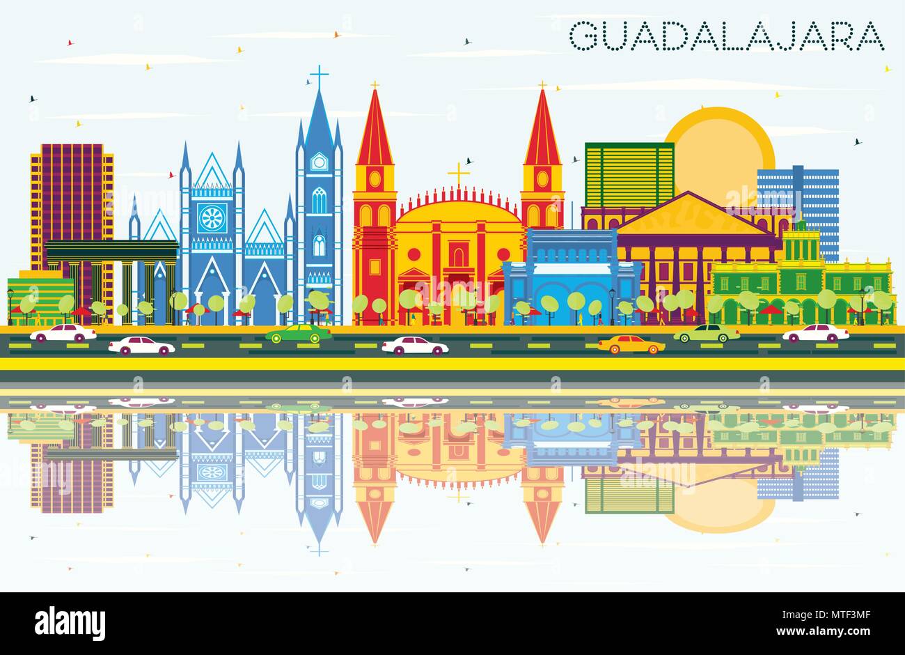 Guadalajara Mexico Skyline with Color Buildings, Blue Sky and Reflections. Vector Illustration. Business Travel and Tourism Concept Stock Vector