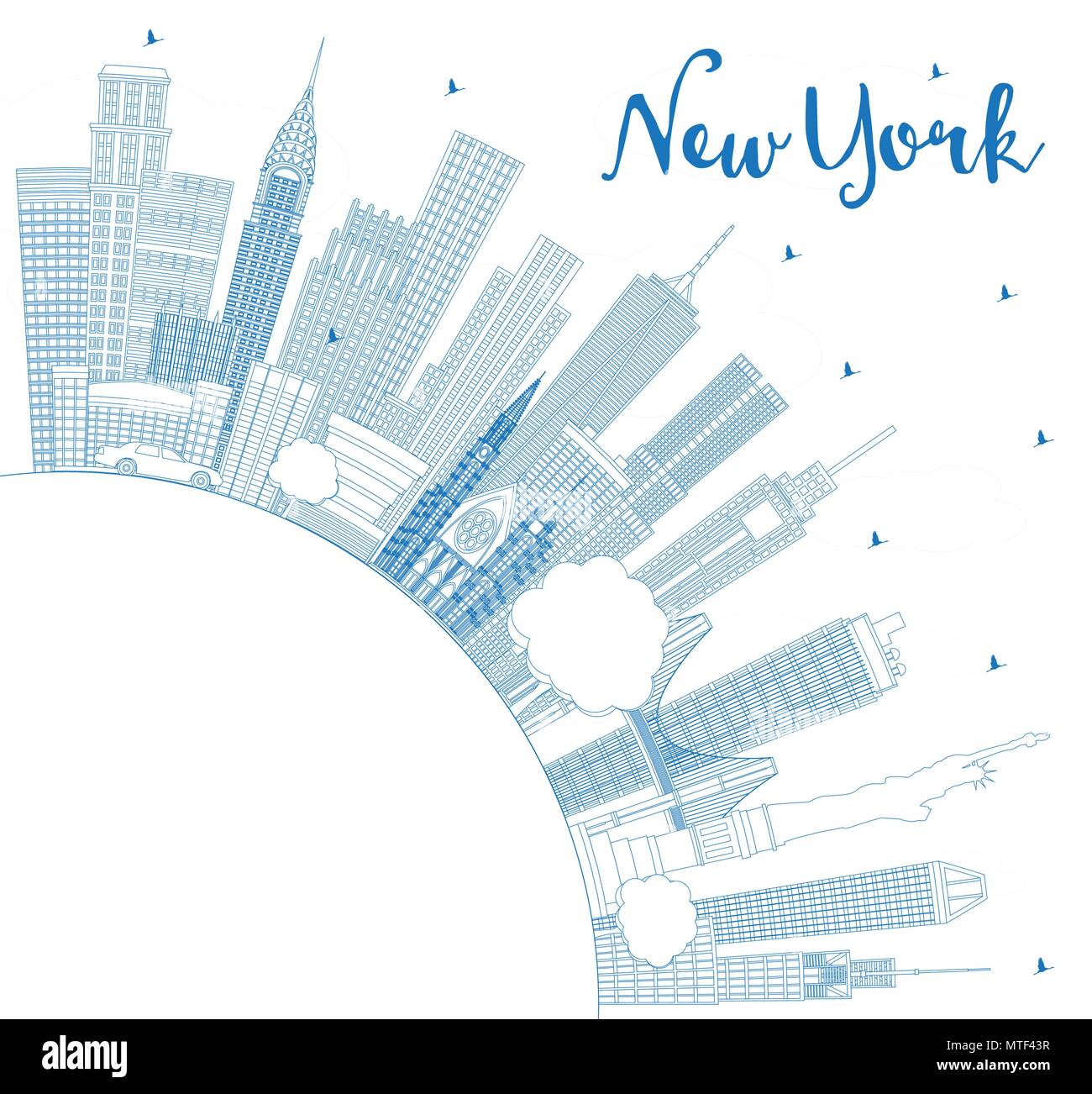 Outline New York USA City Skyline with Blue Buildings and Copy Space ...