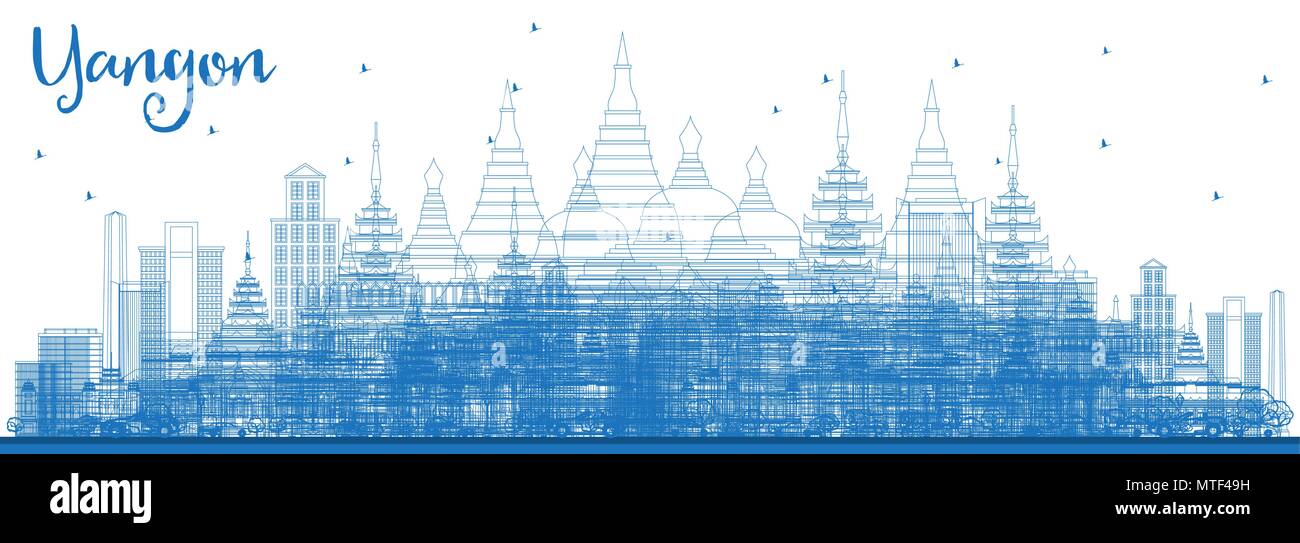 Outline Yangon Skyline with Blue Buildings. Vector Illustration. Business Travel and Tourism Concept with Historic Architecture. Image for Presentatio Stock Vector