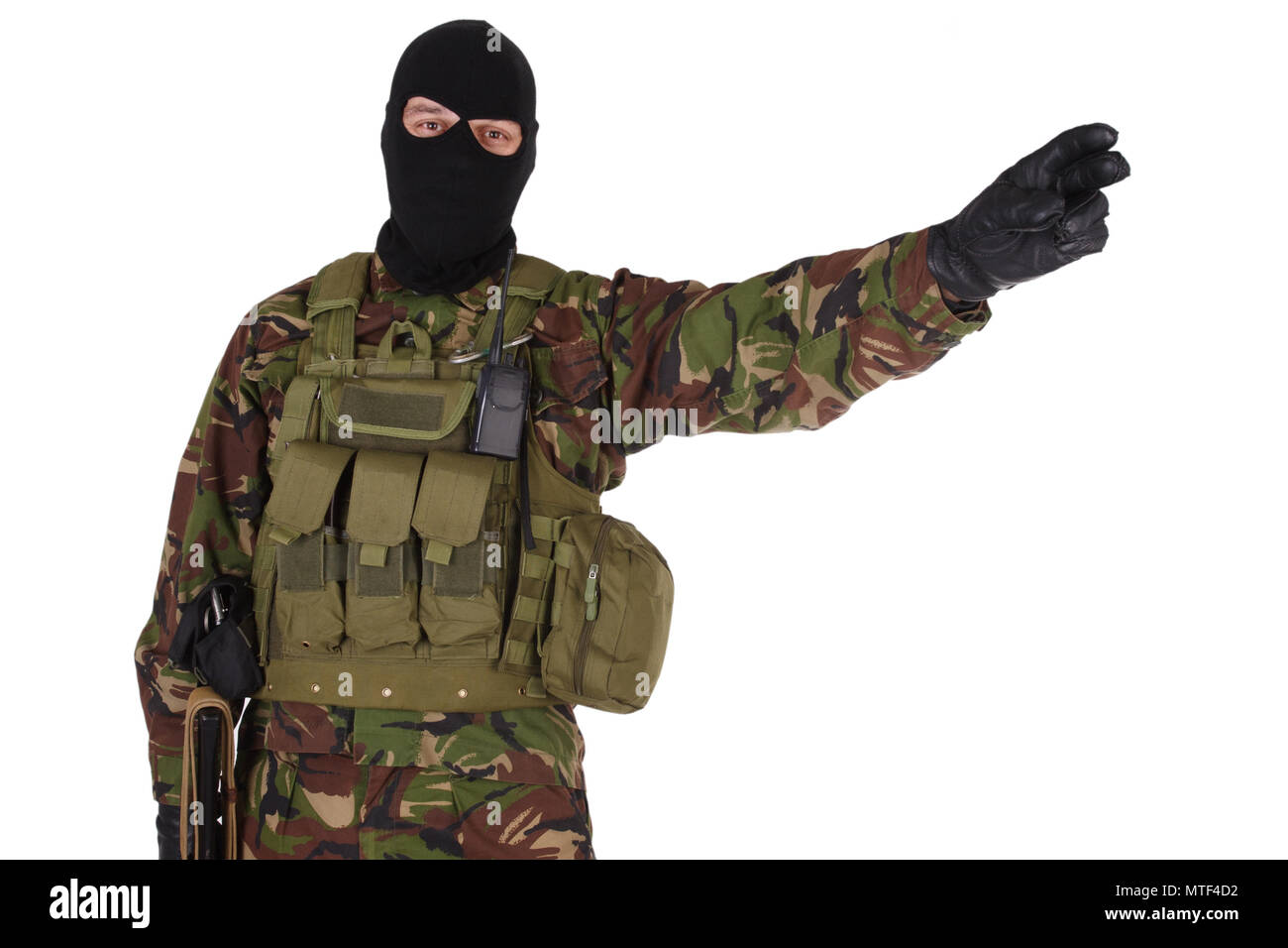 Ukrainian paramilitary volunteer with kalashnikov rifle isolated on white Stock Photo
