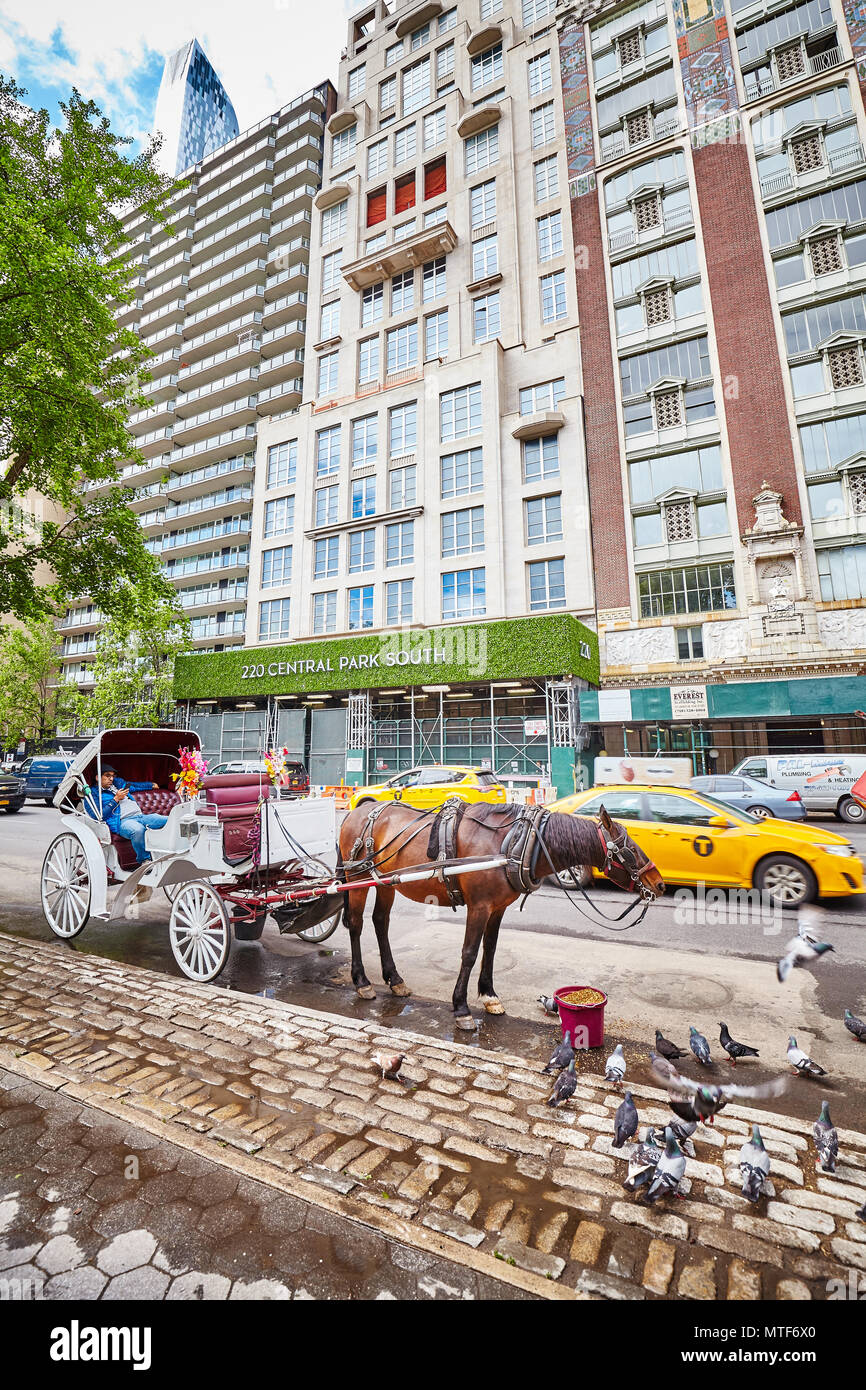 New York City, USA - May 26, 2017: Horse carriage by the Central Park. It is one of the best ways for tourists to enjoy the beauty of the park. Stock Photo