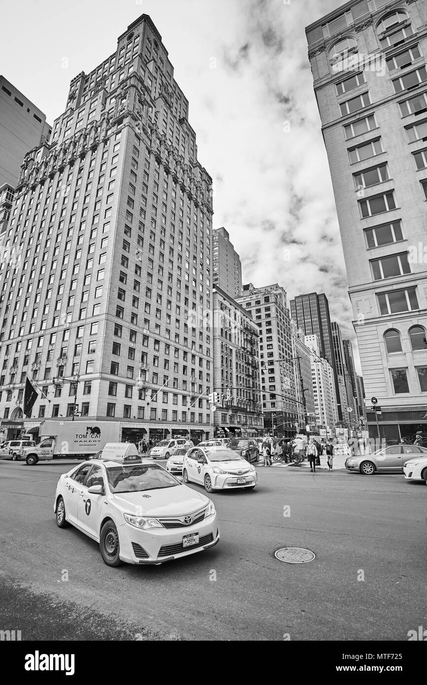 New York City, USA - May 26, 2017: Traffic on the Central Park South and the 6th Avenue intersection. Stock Photo