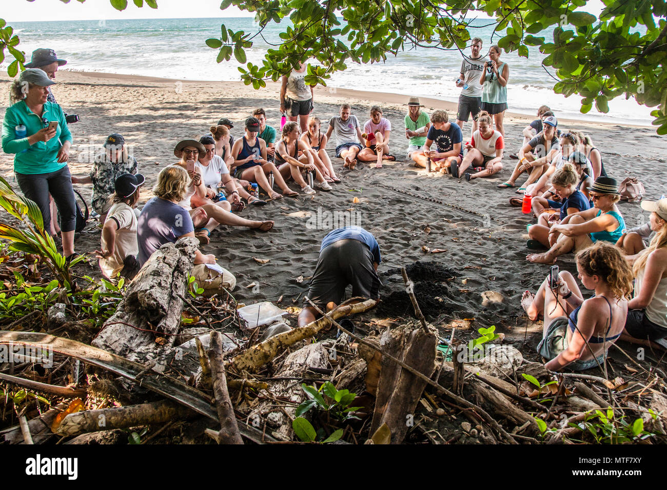 Lecture on the Beach. Biosphere citizen science project for sea turtles protection in Costa Rica Stock Photo
