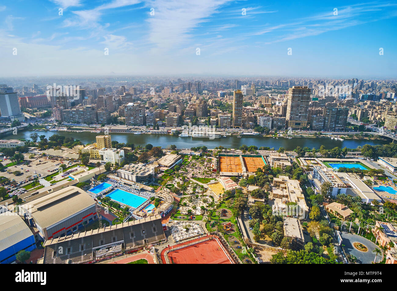 Aerial view on buildings of Giza, bridges and Nile river from the top ...