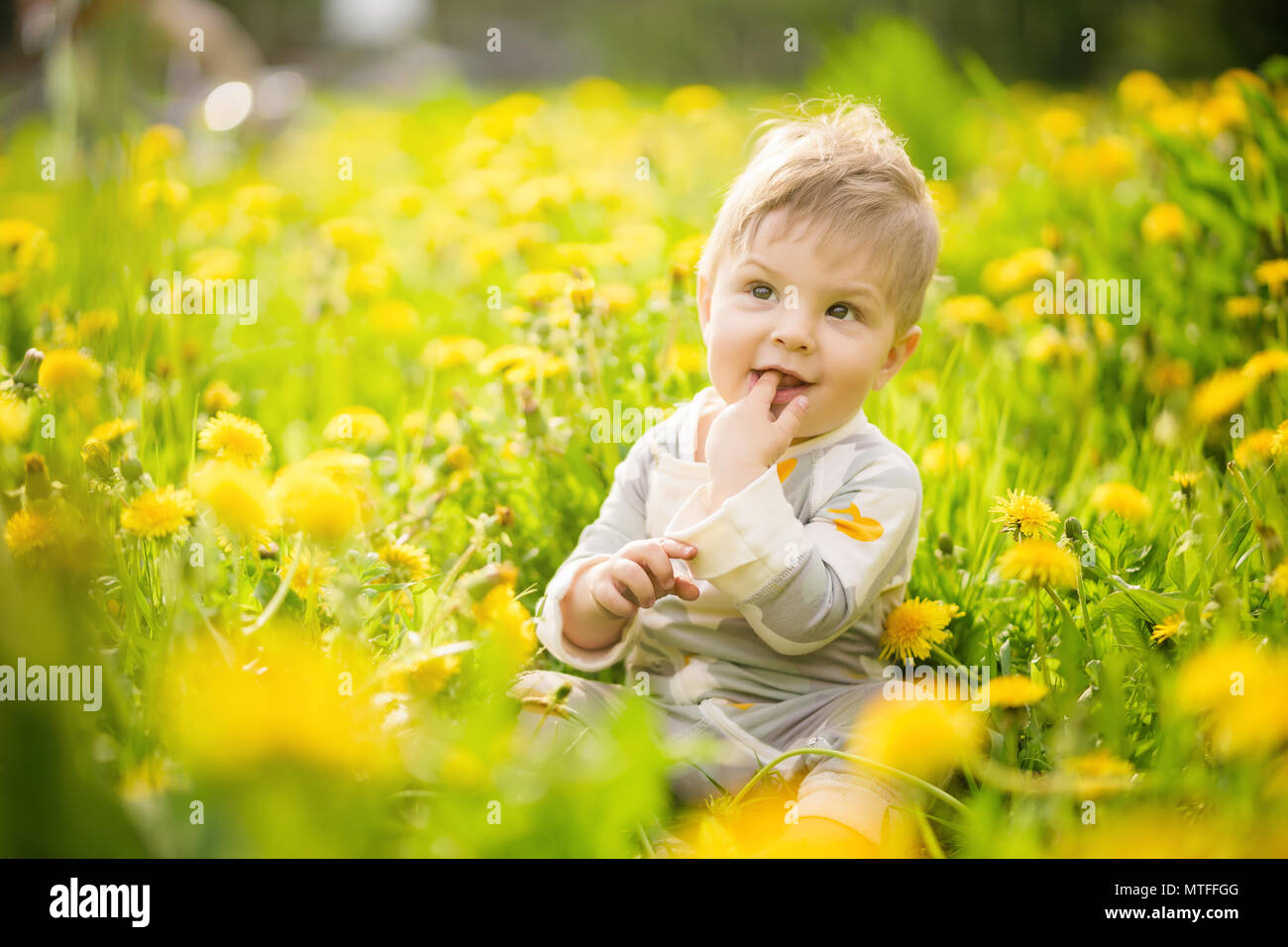 Concept: family values. Portrait of adorable innocent brown-eyed baby play outdoor in the sunny dandelions field and making funny faces. Stock Photo