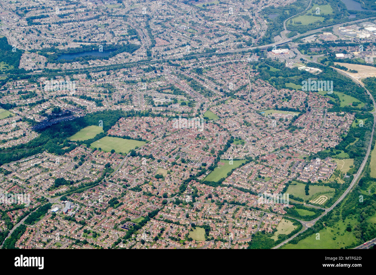 Aerial view of the residential Earley district in Reading, Berkshire.  Viewed on a sunny summer day. Stock Photo