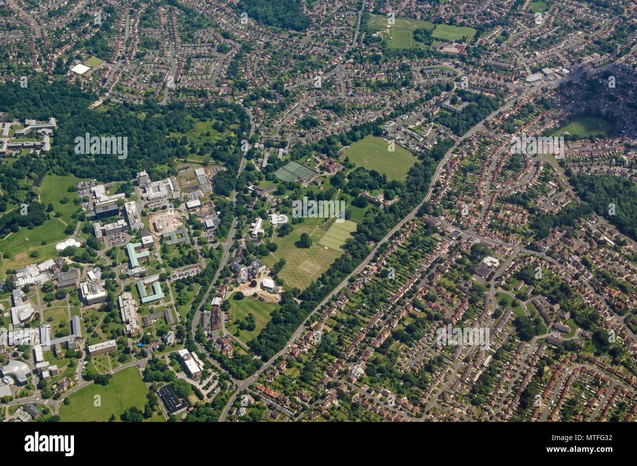 Aerial view of the University of Reading, Whiteknight Campus in the southern part of the town in Berkshire.  Viewed on a sunny summer day. Stock Photo