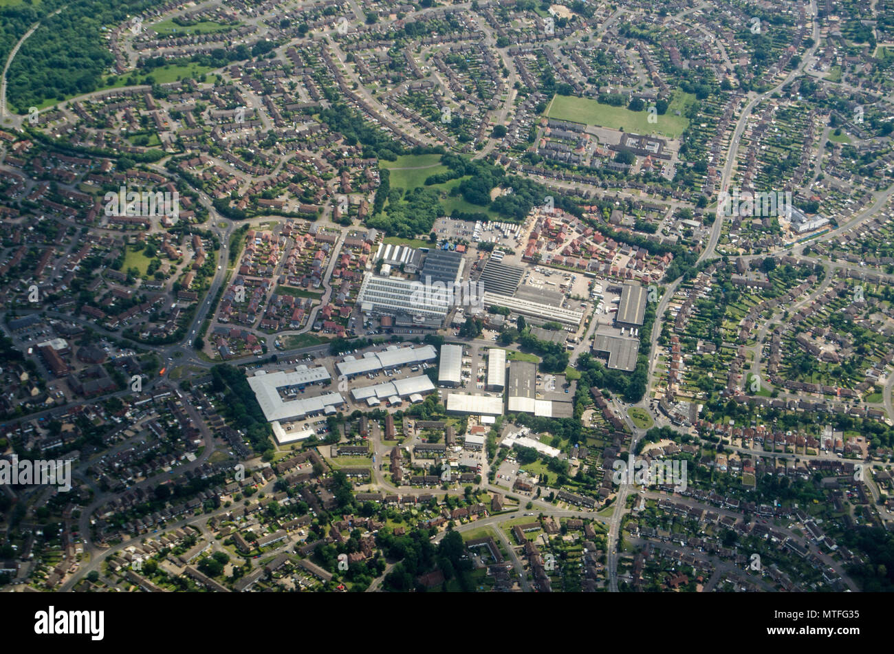 Aerial view of an out of town shopping centre in the Sandford area of Reading, Berkshire.  The centre includes shops and leisure facilities.  Viewed o Stock Photo