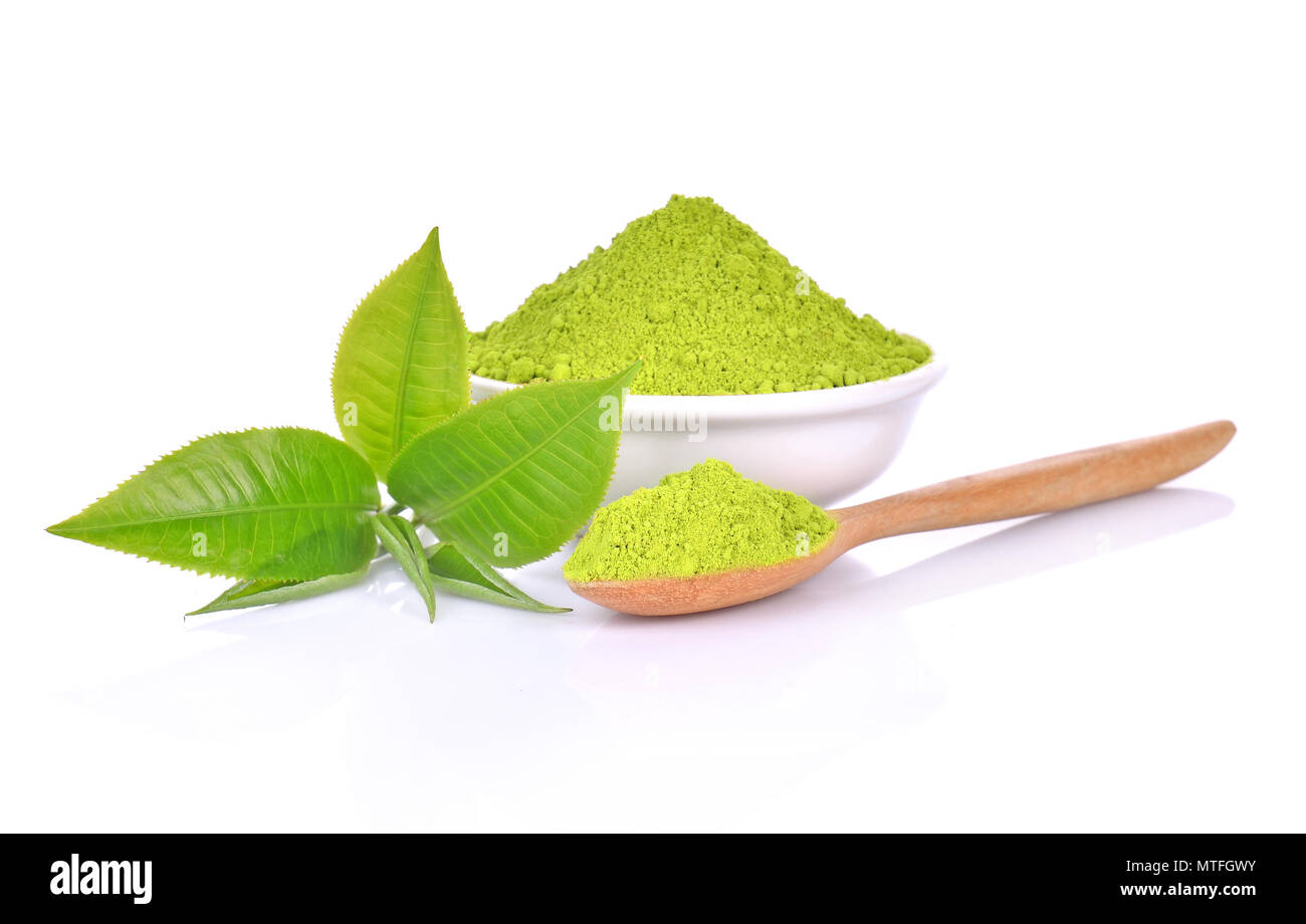 powder green tea and green tea leaf isolated on white background Stock