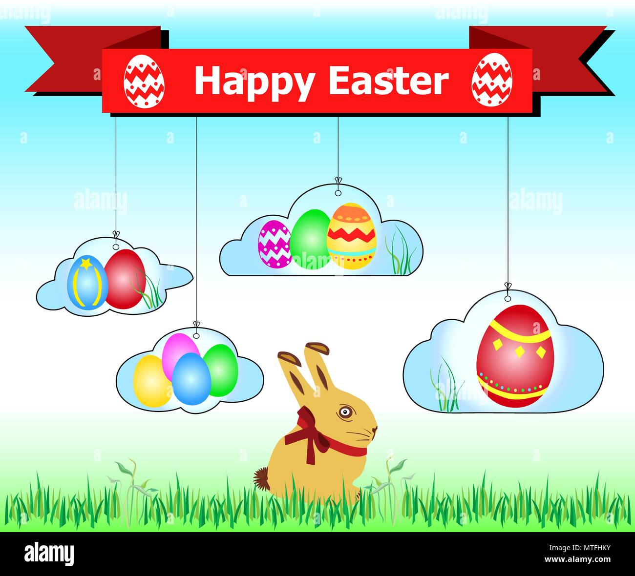 Easter bunny in grass with colorful eggs hanging from the banners Stock Vector