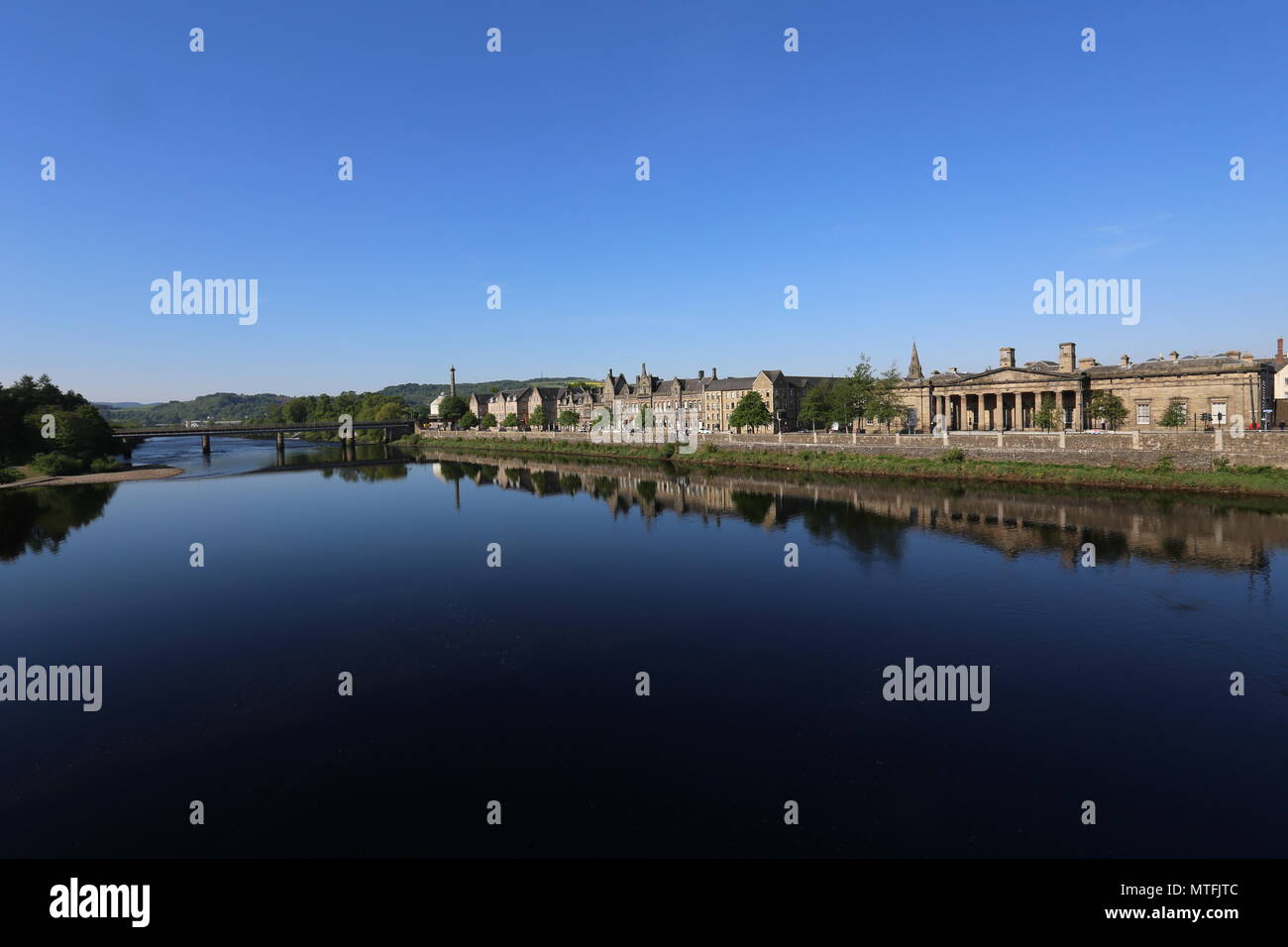Perth waterfront reflected in River Tay Scotland May 2018 Stock Photo