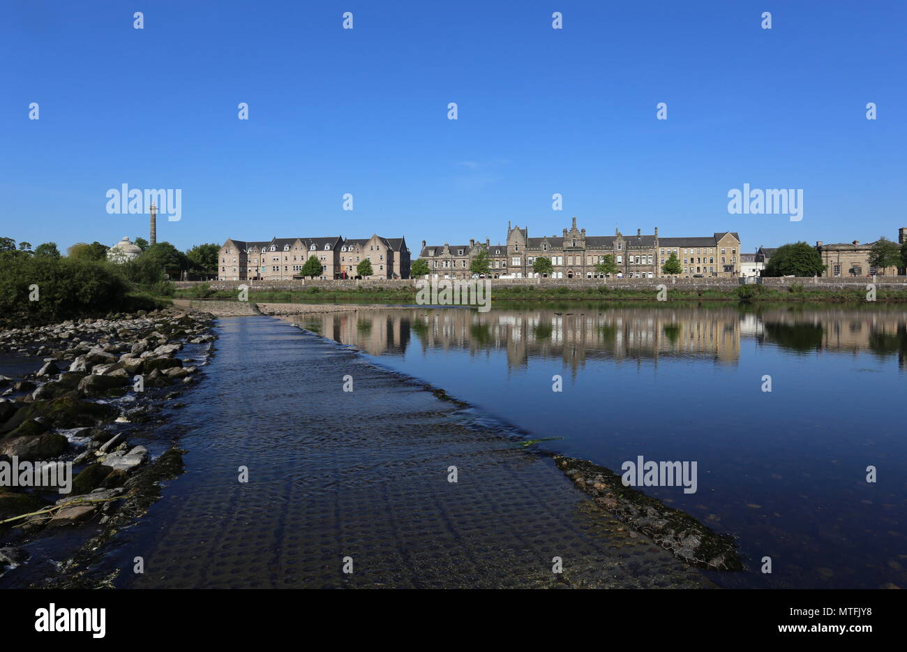 Perth waterfront reflected in River Tay Scotland May 2018 Stock Photo