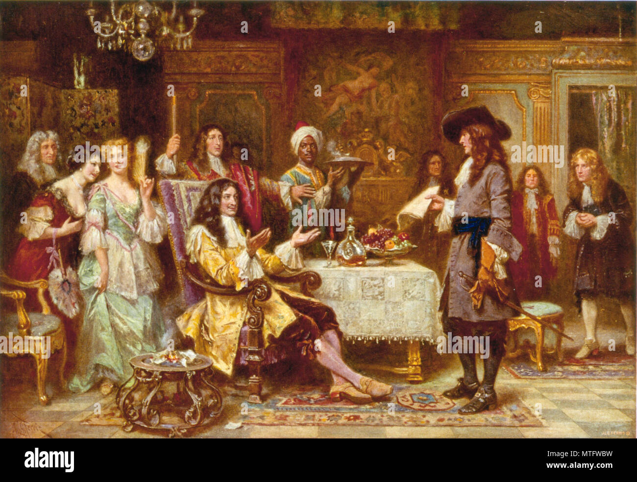 The Birth of Pennsylvania, 1680, by Jean Leon Gerome Ferris. William Penn, holding paper, standing and facing King Charles II, in the King's breakfast chamber at Whitehall. Stock Photo