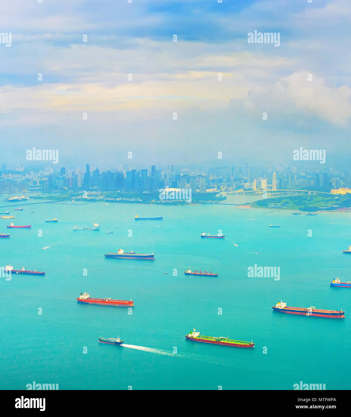 Cargo tanker ships in Singapore harbor. Singapore Downtown in the background Stock Photo
