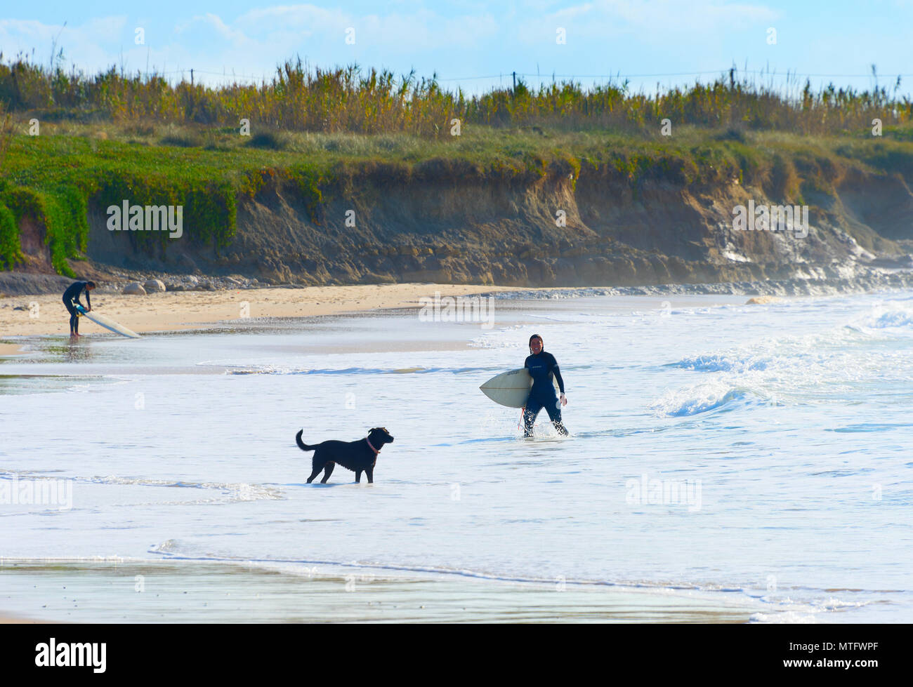 Woman surfer with surfboard and a dog on the ocean beach. Baleal, Portugal Stock Photo