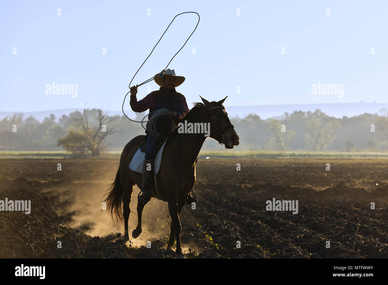 A MEXICAN COWBOY gallops in dawns early light - SAN MIGUEL DE ALLENDE, MEXICO Stock Photo