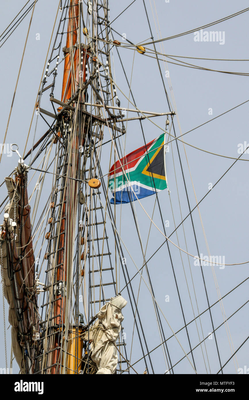 South African flag on ships rigging, cape town harbour, cape town