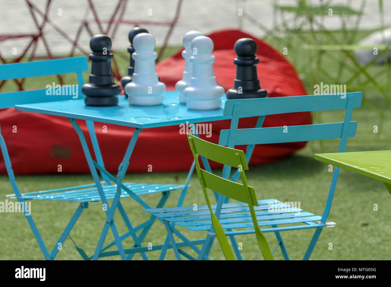 Extra large colourful chess-set for amusement at the Capet own harbour complex, Capetown, South Africa Stock Photo
