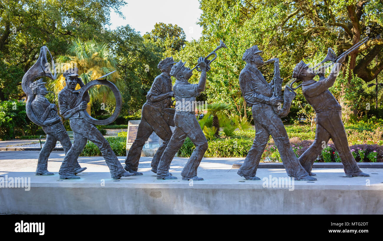 New Orleans, LA - Sep. 24, 2017: Sculptures of celebrated musicians in the Roots of Music Cultural Sculpture Garden in Armstrong Park. Stock Photo