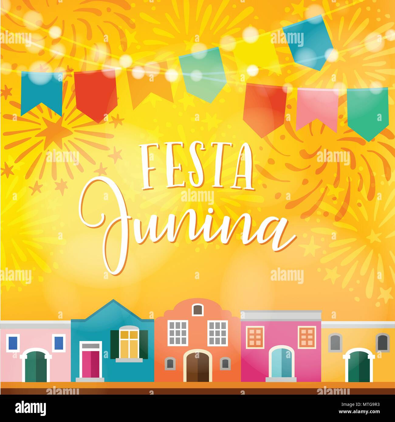 Festa Junina Brazilian June Party Latin American Holiday Vector Illustration Background With Garland Of Flags Colorful Houses And Fireworks Stock Vector Image Art Alamy