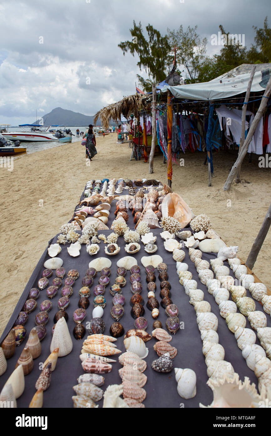 Seashell souvenirs sold on the beach of Ile aux Benitiers, Mauritius Stock Photo