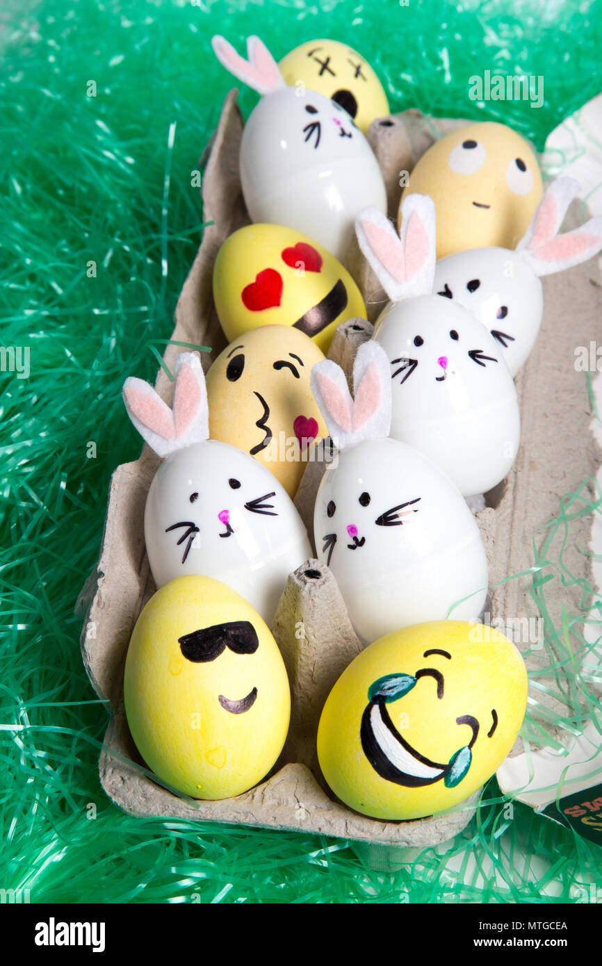 Basket of Hand Decorated Easter Eggs and Bunnies, USA Stock Photo