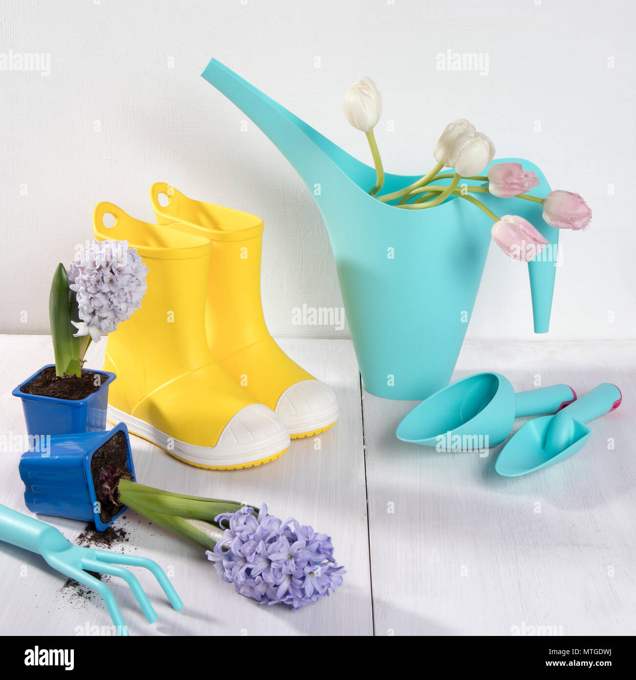 Yellow rubber boots and blue watering can with a bouquet of flowers of ...