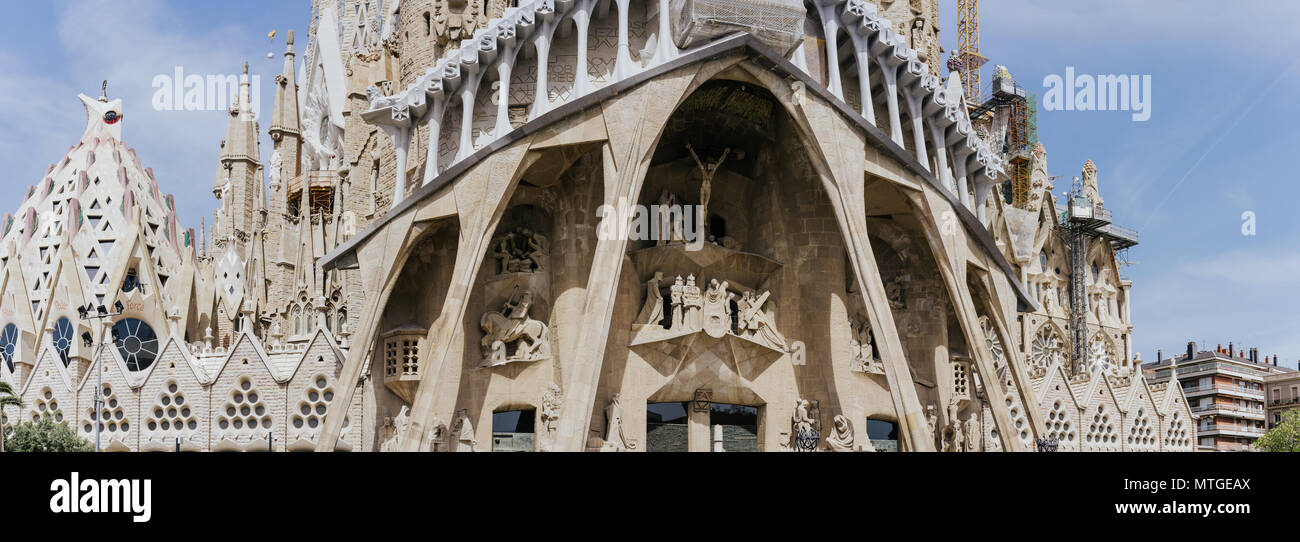 BARCELONA, SPAIN - April 25, 2018: La Sagrada Familia - the impressive cathedral designed by Gaudi, which is being build since 19 March 1882 and planed finally be done in 2026, Barcelona, Spain Stock Photo