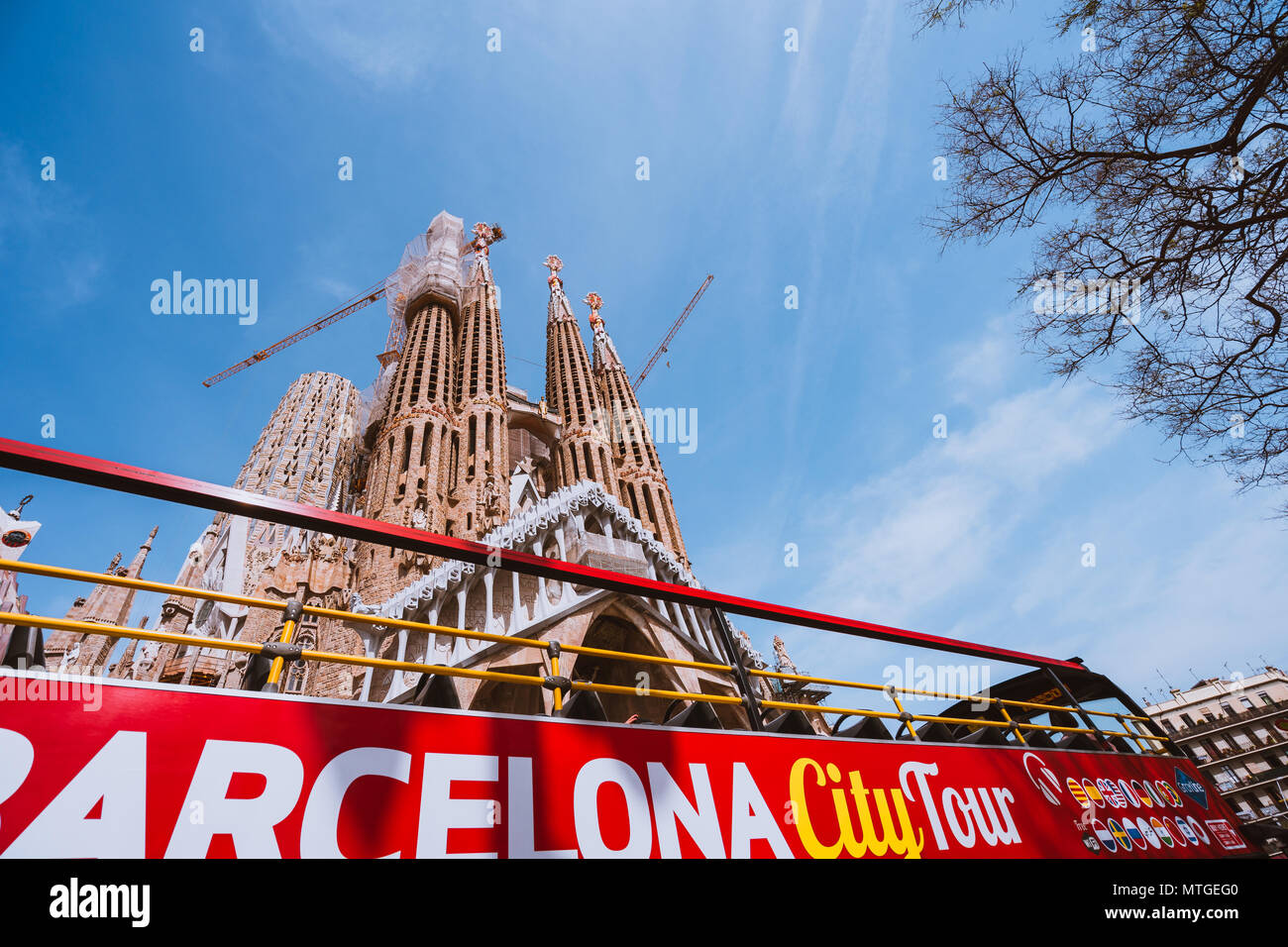 BARCELONA, SPAIN - April 25, 2018: Barcelona city tour touristic bus in ...