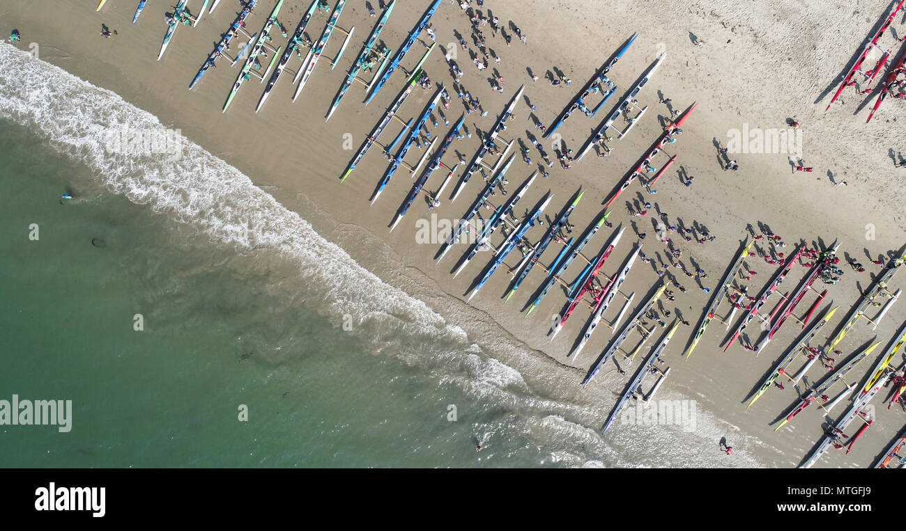 Aerial view Outrigger Canoe teams competing in the Santa Barbara Rig Run 12 mile Championship race Stock Photo