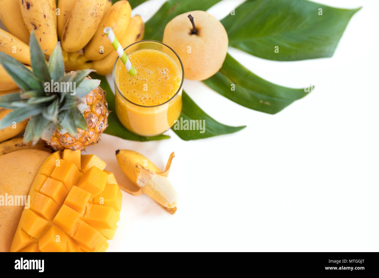 Tropic flat lay top view summer concept with yellow tropical banana ...