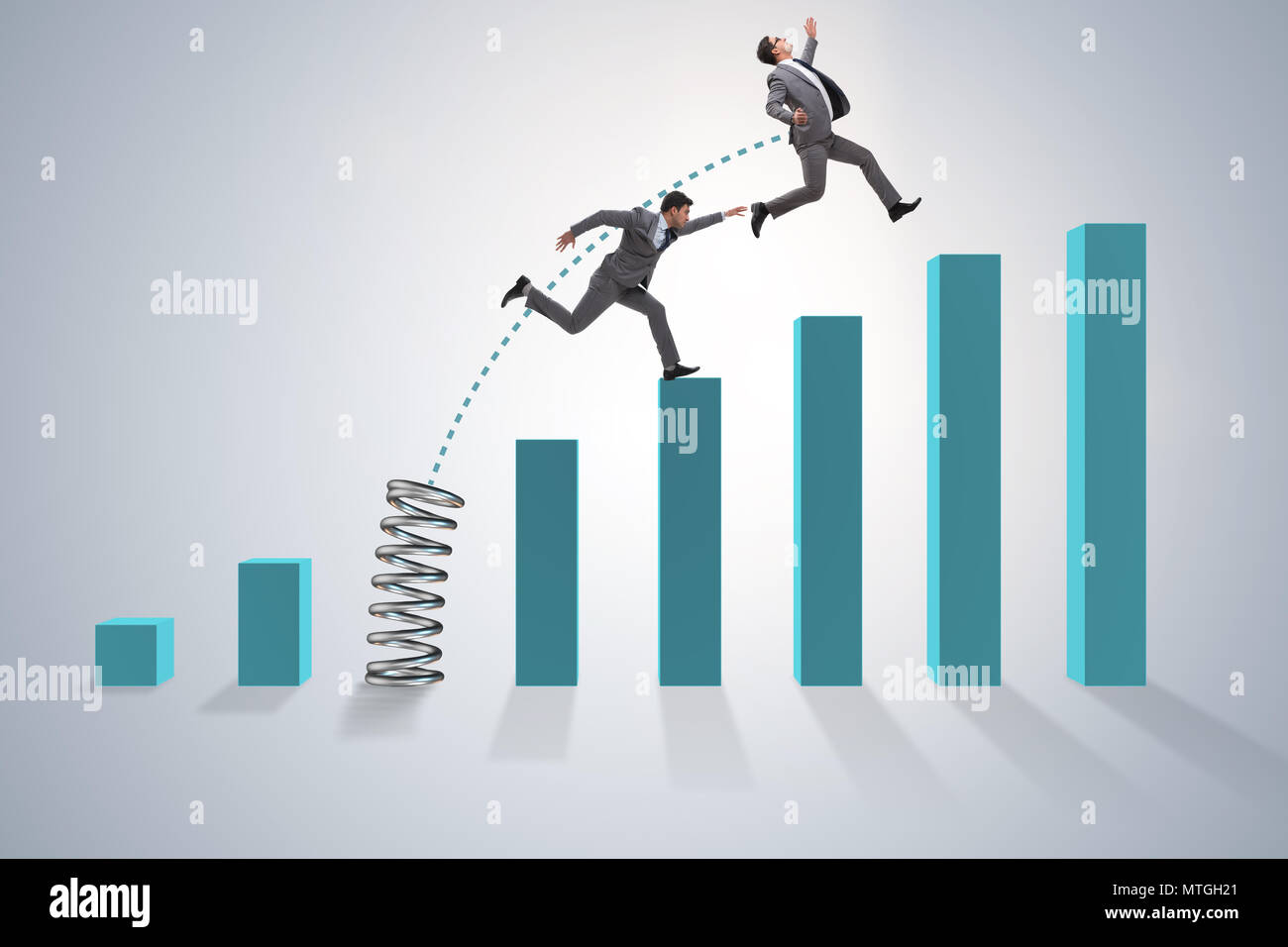 Business people jumping over bar charts Stock Photo - Alamy